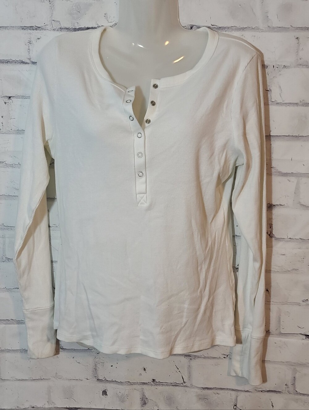 Women's SO White Ribbed Knit Henley Button Long Sleeve Top L Regular